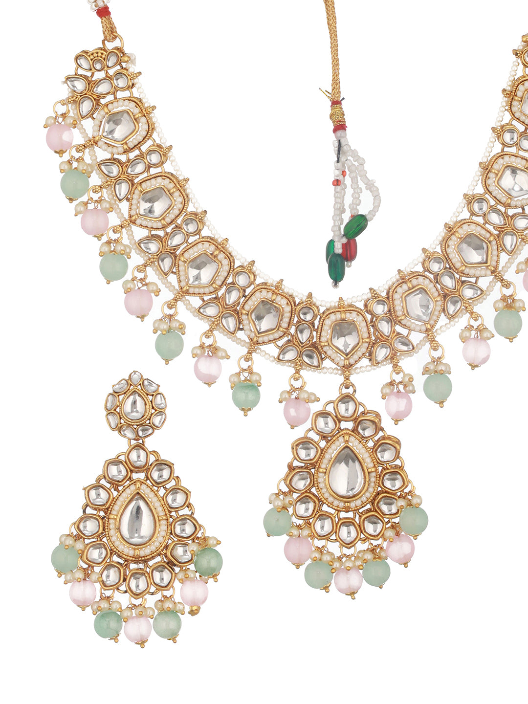 Gold Plated Kundan Studded &Amp; Mint Green &Amp; Baby Pink Pearl Beaded Choker Jewellery Set With Maangtikka