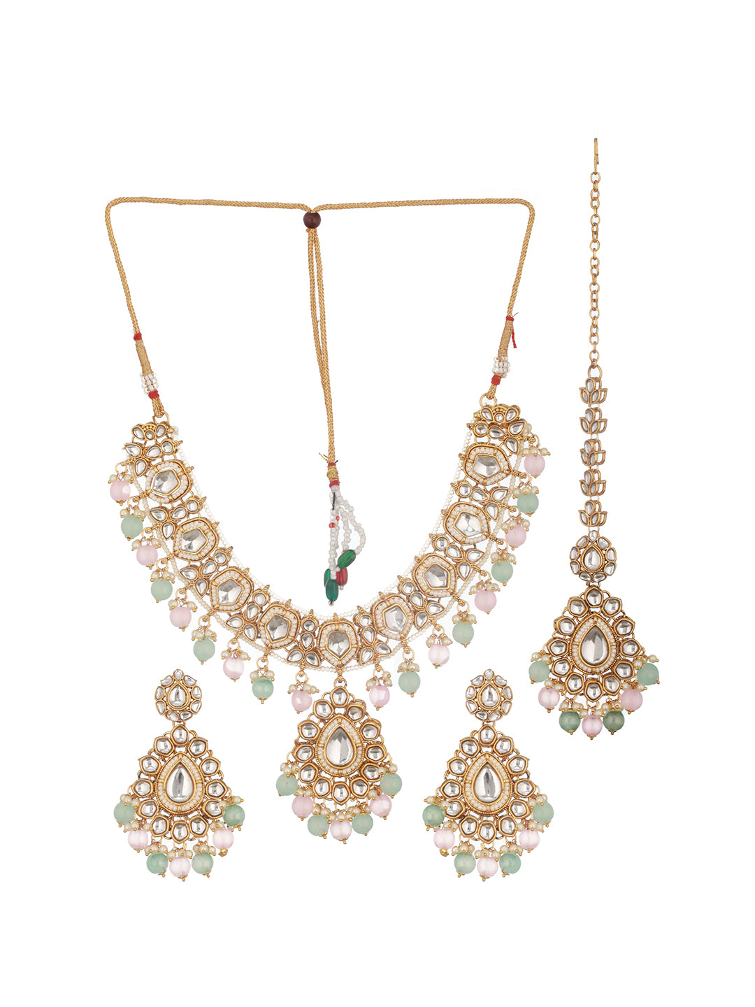 Gold Plated Kundan Studded &Amp; Mint Green &Amp; Baby Pink Pearl Beaded Choker Jewellery Set With Maangtikka