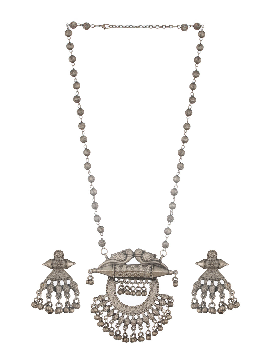 Jazz And Sizzle Oxidized Silver-Plated Artificial Stone Beaded Peacock Shaped Jewelry Set - Jazzandsizzle