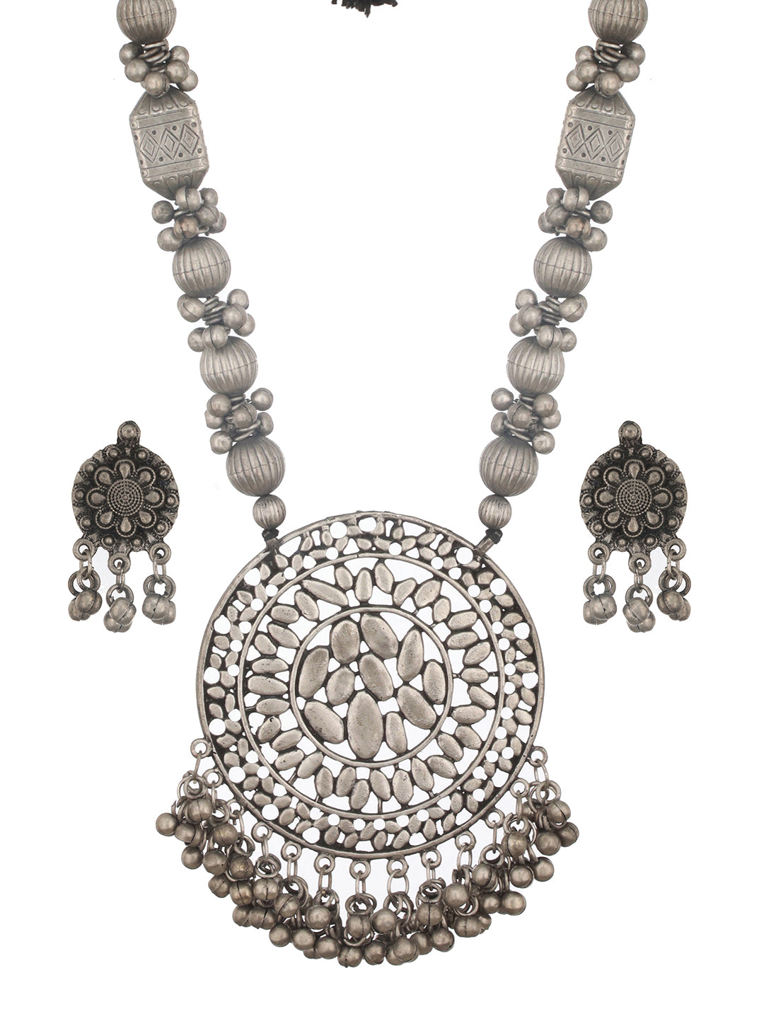 Jazz and Sizzle Silver-Plated Artificial Stone Studded & Beaded Textured Jewellery Set