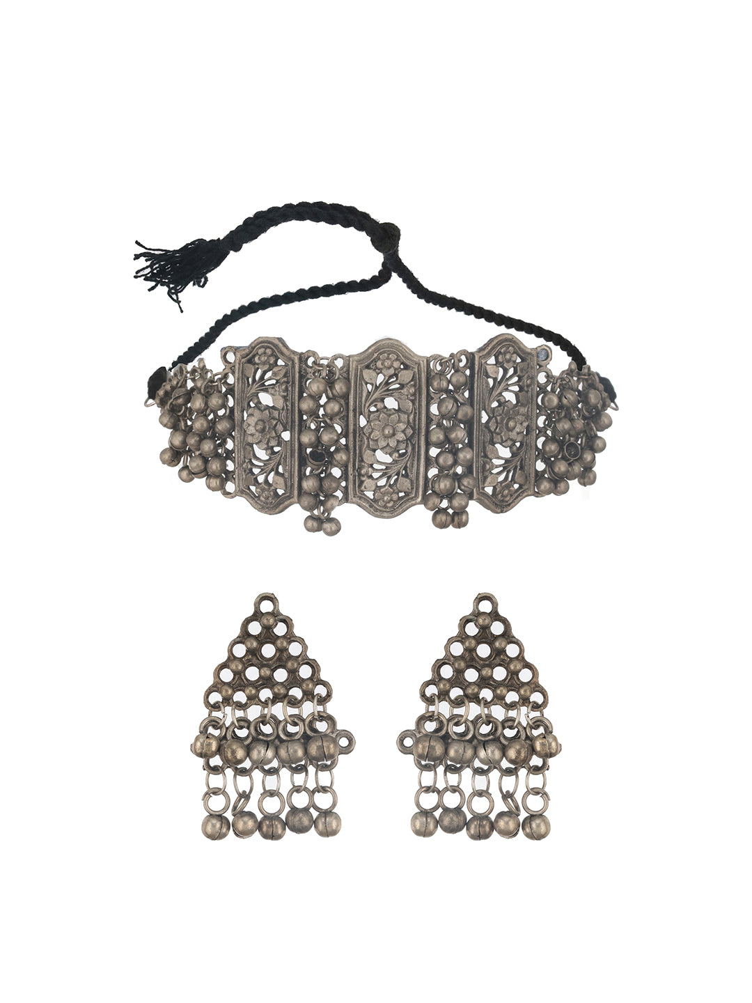 Jazz And Sizzle Oxidized Silver-Plated & Ghungroo Beaded Floral Jewelry Set