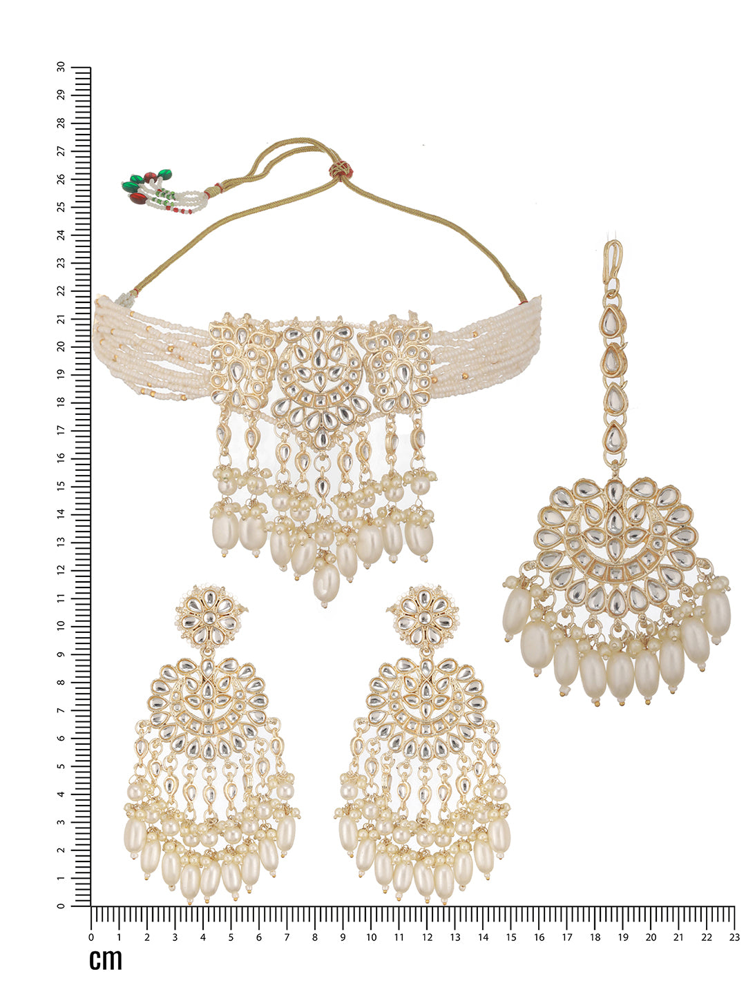 Jazz And Sizzle Gold-Plated Kundan Studded &amp; Pearl Beaded Necklace with Chandbali Earrings Set & Mangtikka