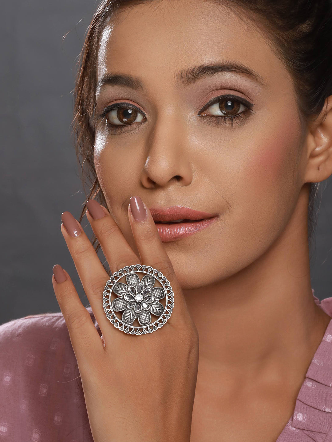 Silver Plated & White Stone-Studded Oxidised Floral Adjustable Finger Ring - Jazzandsizzle