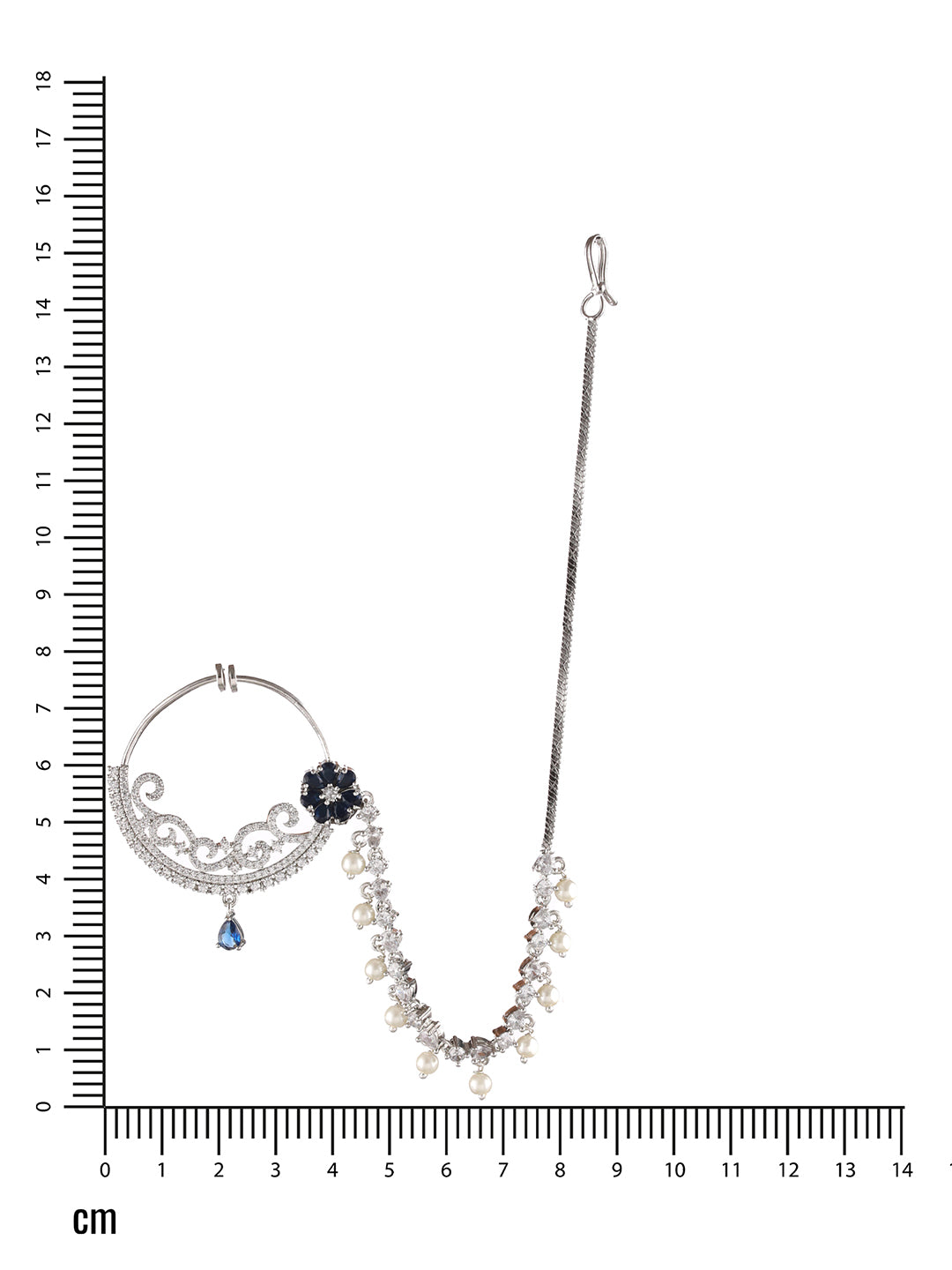 Silver Plated Blue Floral American Diamond Studded Handcrafted Nose Ring With Pearl Drop Chain - Jazzandsizzle