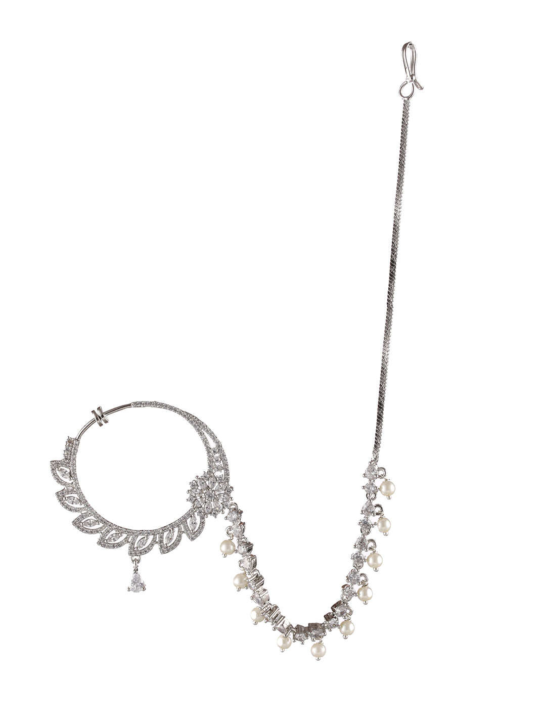 Silver Plated White Floral American Diamond Studded Handcrafted Nose Ring With Pearl Drop Chain - Jazzandsizzle