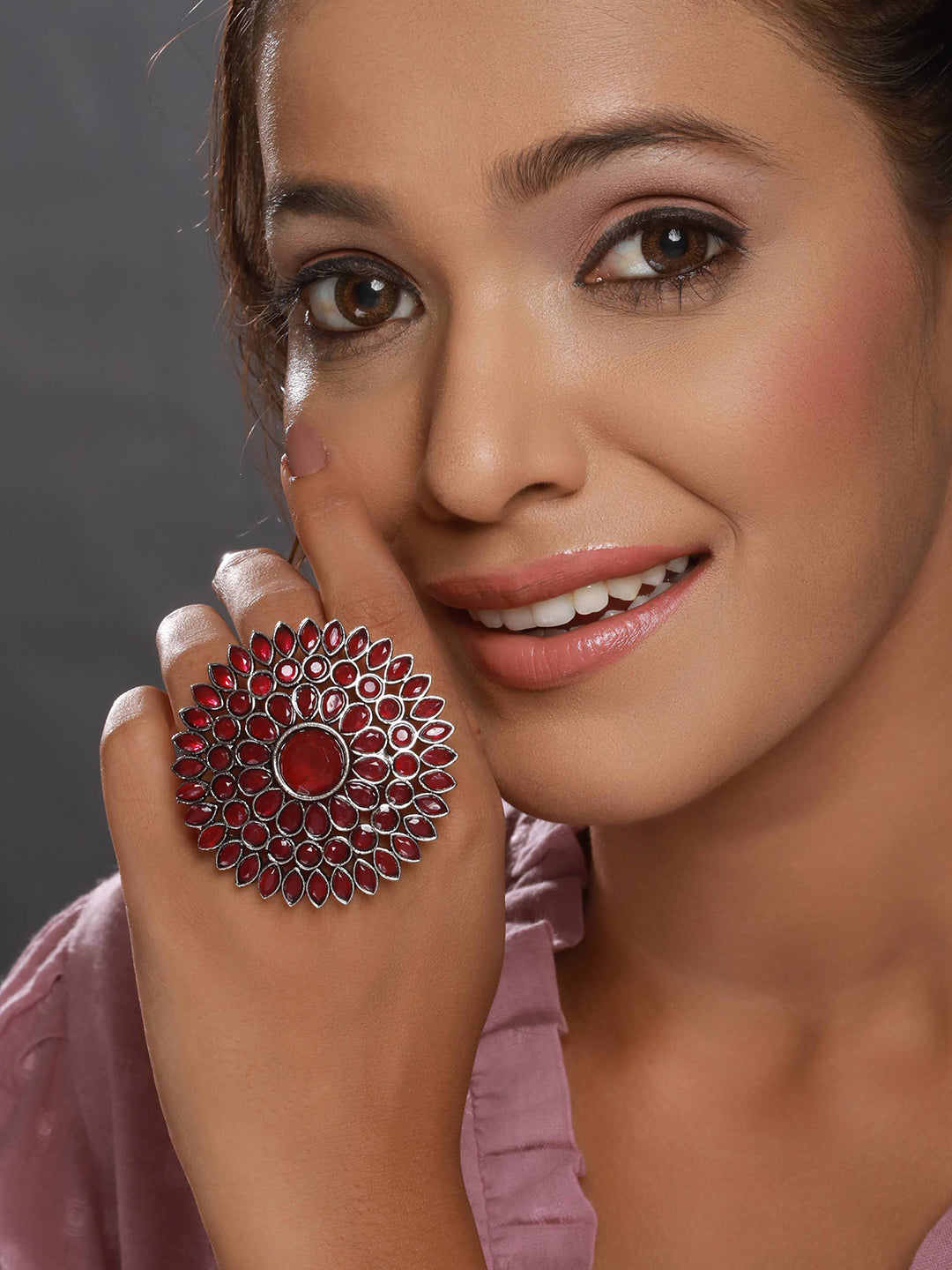 Silver-Plated Red Stone Studded Flower Shaped Adjustable Finger Ring - Jazzandsizzle