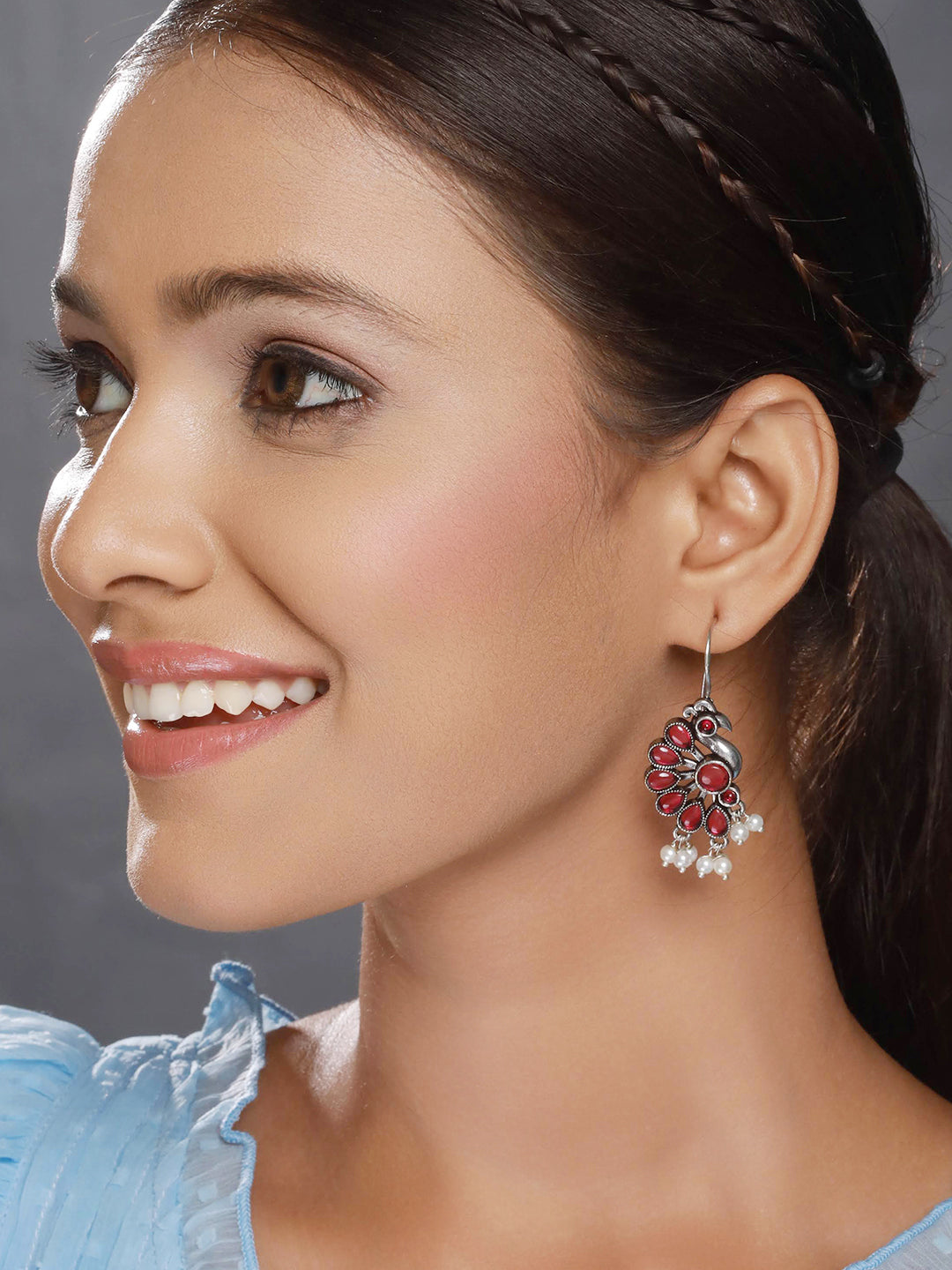 Silver-Plated Red Stone Studded & Pearl Beaded Peacock Shaped Drop Earrings - Jazzandsizzle