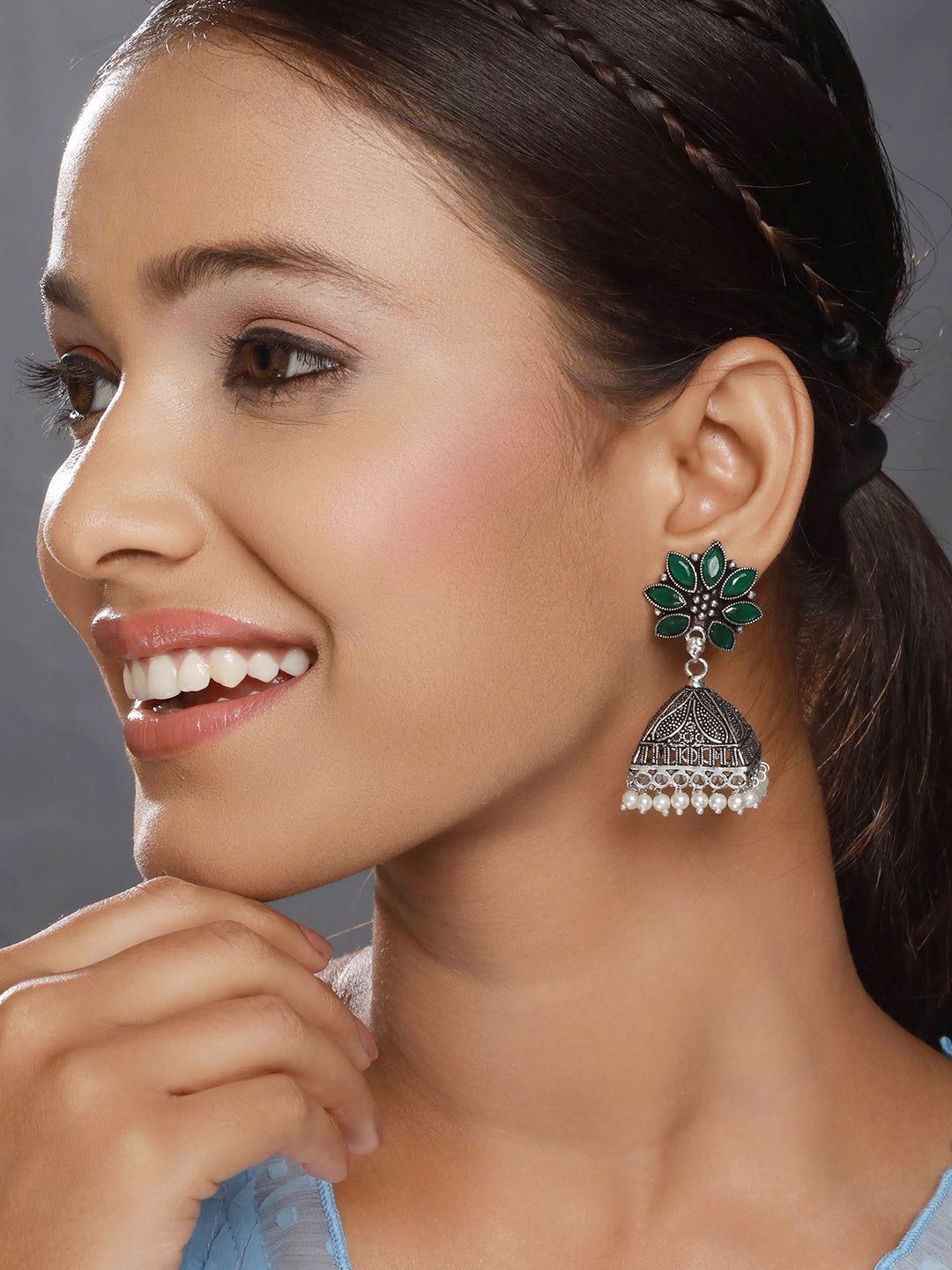 Silver-Plated Pearl Beaded & Green Stone Studded Handcrafted Dome Shaped Jhumkas - Jazzandsizzle