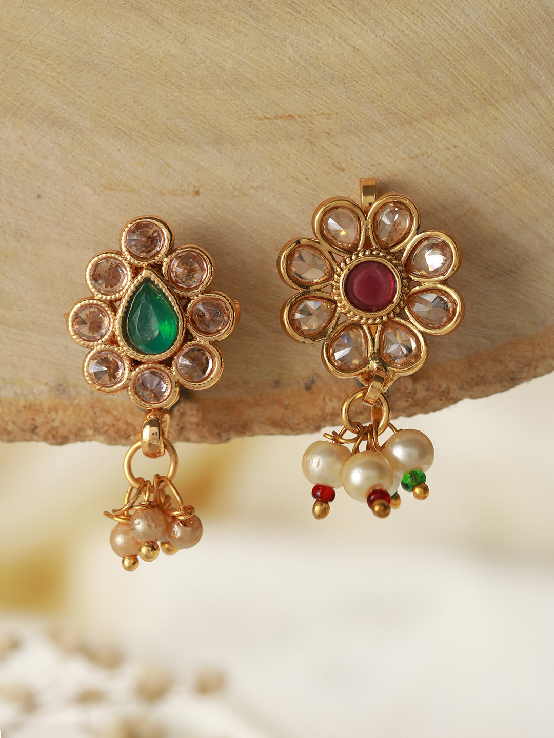 Set Of 2 Gold-Plated Red & Green Kundan Studded Flower Nose Pin - Jazzandsizzle