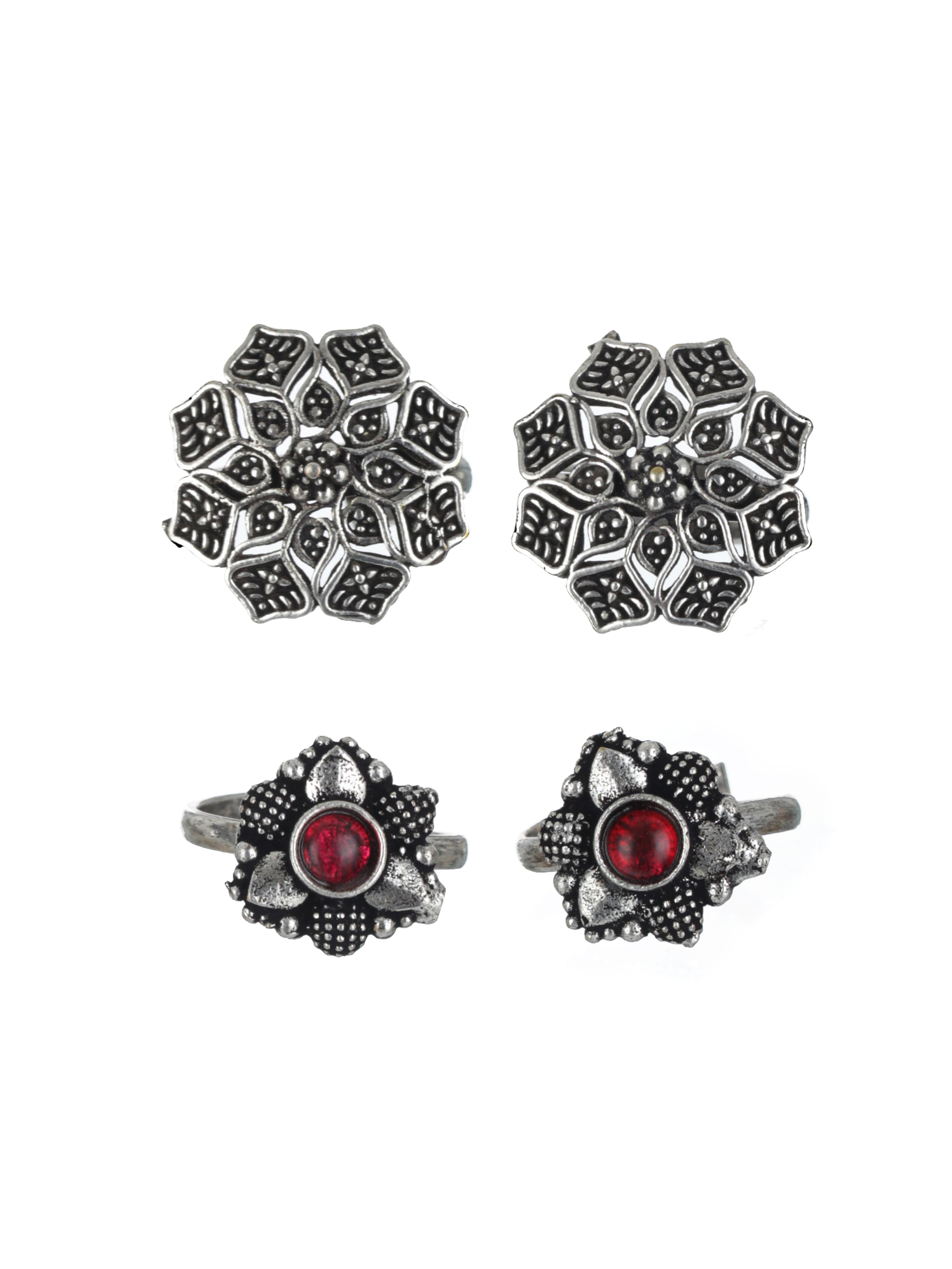 Set of 2 Silver-Plated Stone-Studded Oxidised Toe Rings - Jazzandsizzle