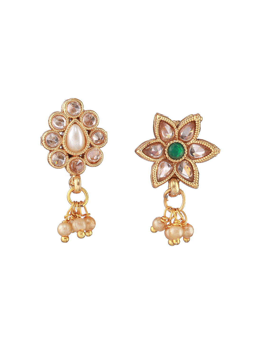 Set Of 2 Gold-Plated Green & White Kundan Studded Flower Clip-On Nosepin Nose Pin - Jazzandsizzle