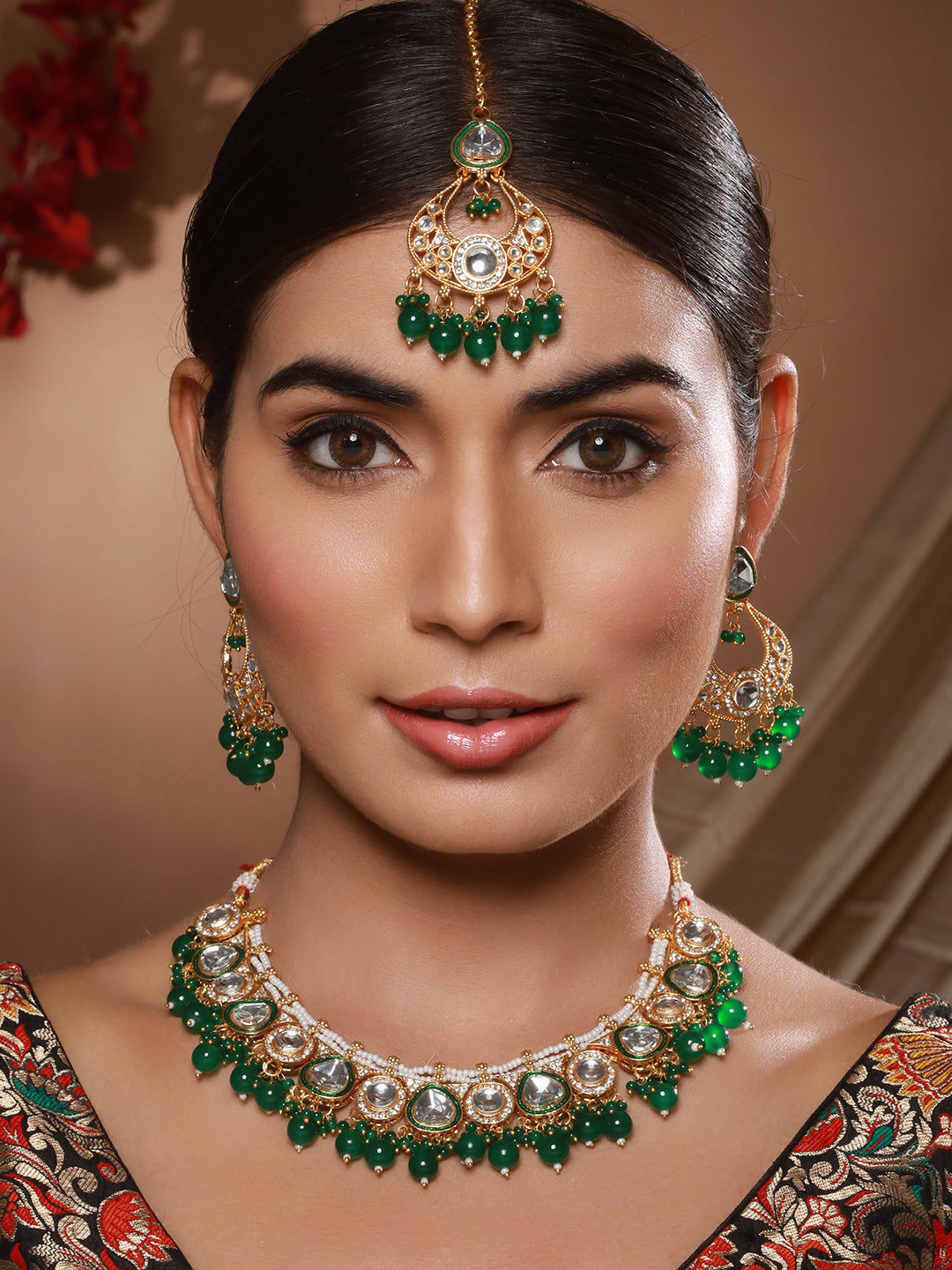 Gold-Plated Green & White Kundan-Studded & Beaded Handcrafted Jewelry Set With Maangtikka