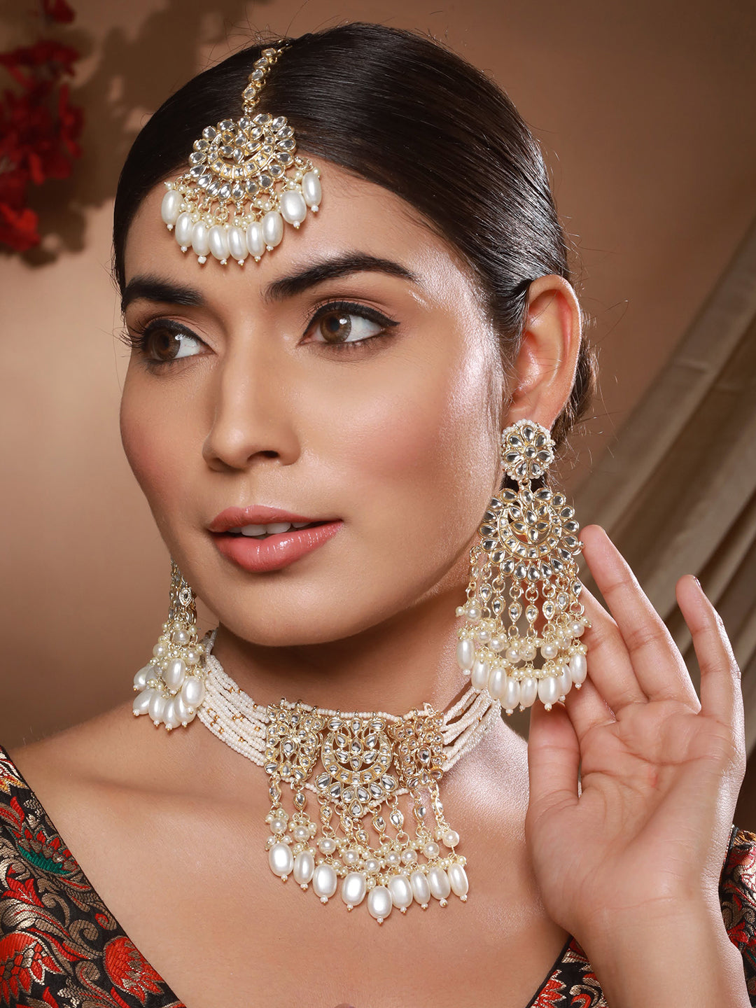 Jazz And Sizzle Gold-Plated Kundan Studded &amp; Pearl Beaded Necklace with Chandbali Earrings Set & Mangtikka