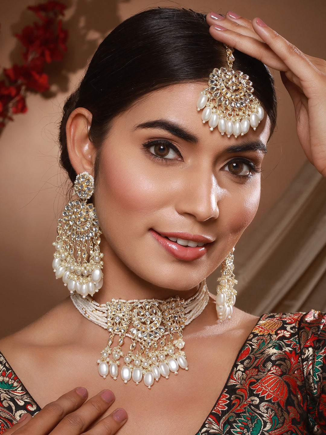 Jazz And Sizzle Gold-Plated Kundan Studded &amp; Pearl Beaded Necklace with Chandbali Earrings Set & Mangtikka