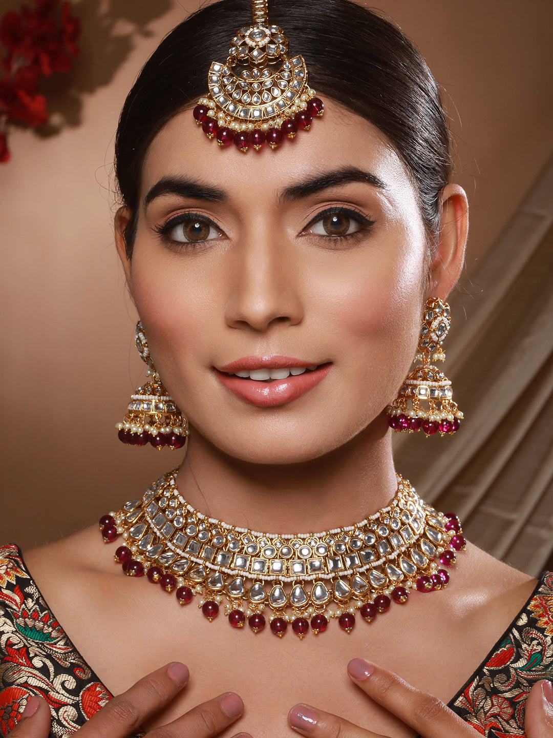 Jazz And Sizzle Gold-Plated & Wine Kundan Studded Jewelry Set with Maangtikka