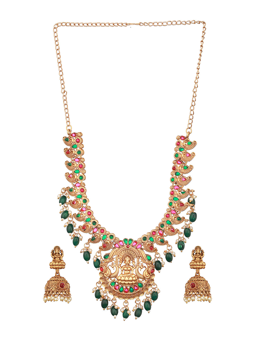 Set of 2 Green Kemp Stone Studded & Beaded Gold-Plated Peacock Shaped Temple Choker Jewelry Set