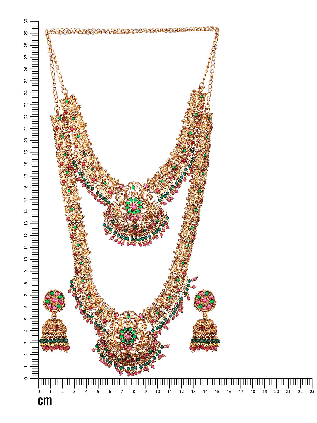 Set of 2 Green & Red Stone Studded & Beaded Gold-Plated Peacock Shaped Temple Choker Jewelry Set