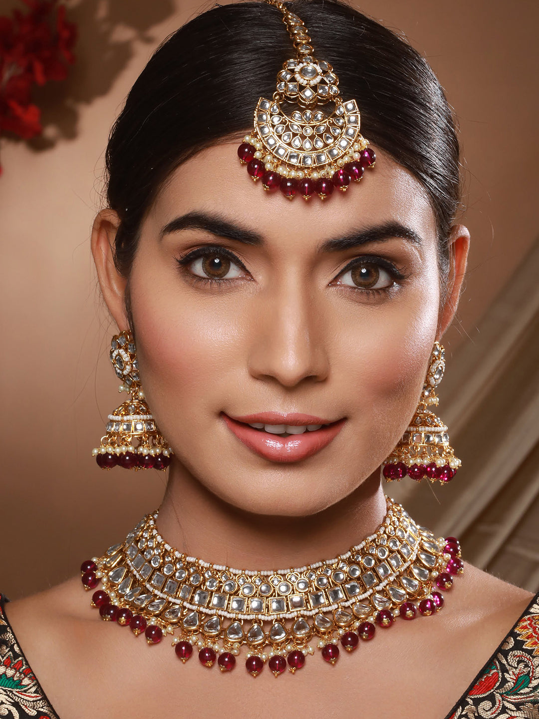 Jazz And Sizzle Gold-Plated & Wine Kundan Studded Jewelry Set with Maangtikka