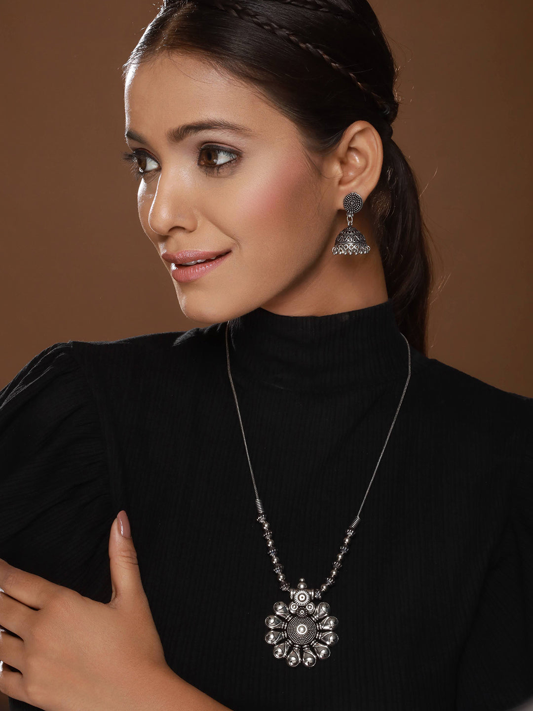 Silver-Plated Circular Shaped Oxidized Jewellery Set - Jazzandsizzle