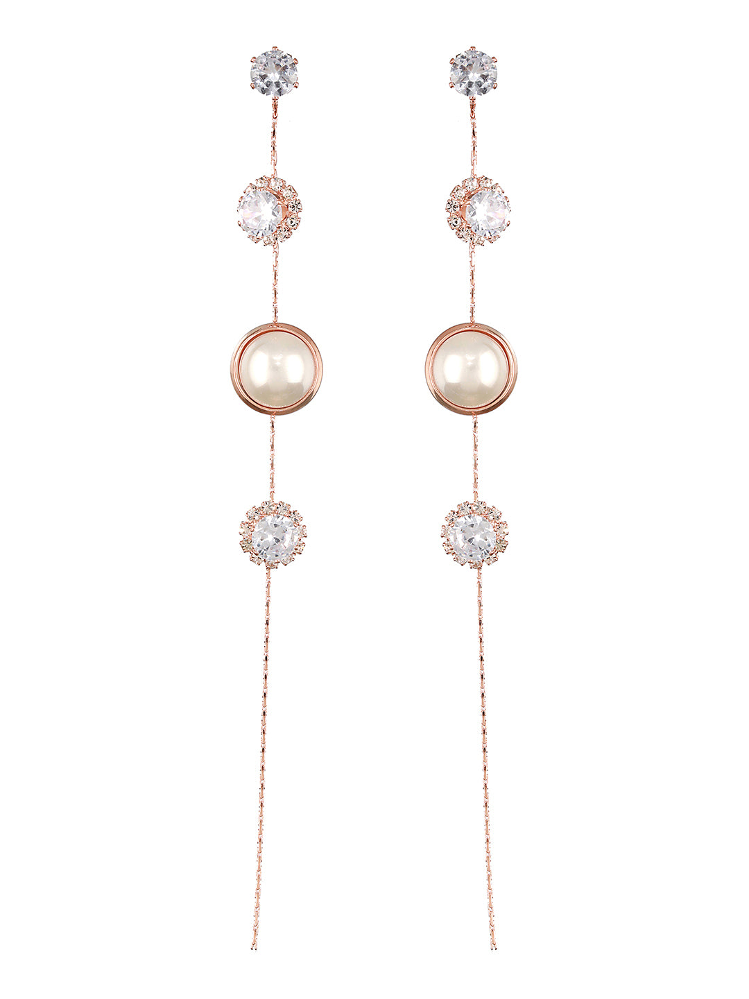 JAZZ AND SIZZLE Silver-Toned Rose gold-Plated CZ Stone-Studded & Pearl Contemporary Drop Earrings - Jazzandsizzle