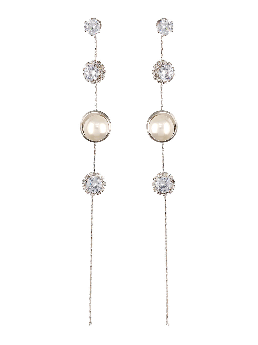 JAZZ AND SIZZLE Silver-Toned Rhodium-Plated CZ Stone-Studded & Pearl Contemporary Drop Earrings - Jazzandsizzle