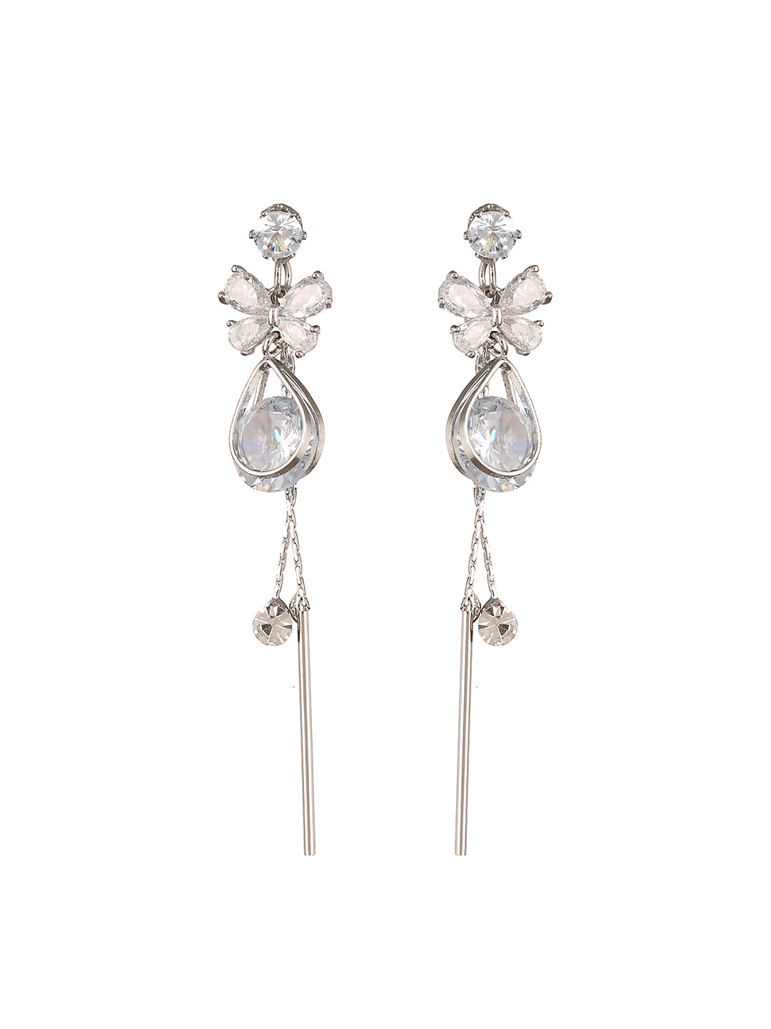 JAZZ AND SIZZLE Silver-Toned Rhodium-Plated CZ Stone-Studded Contemporary Drop Earrings - Jazzandsizzle