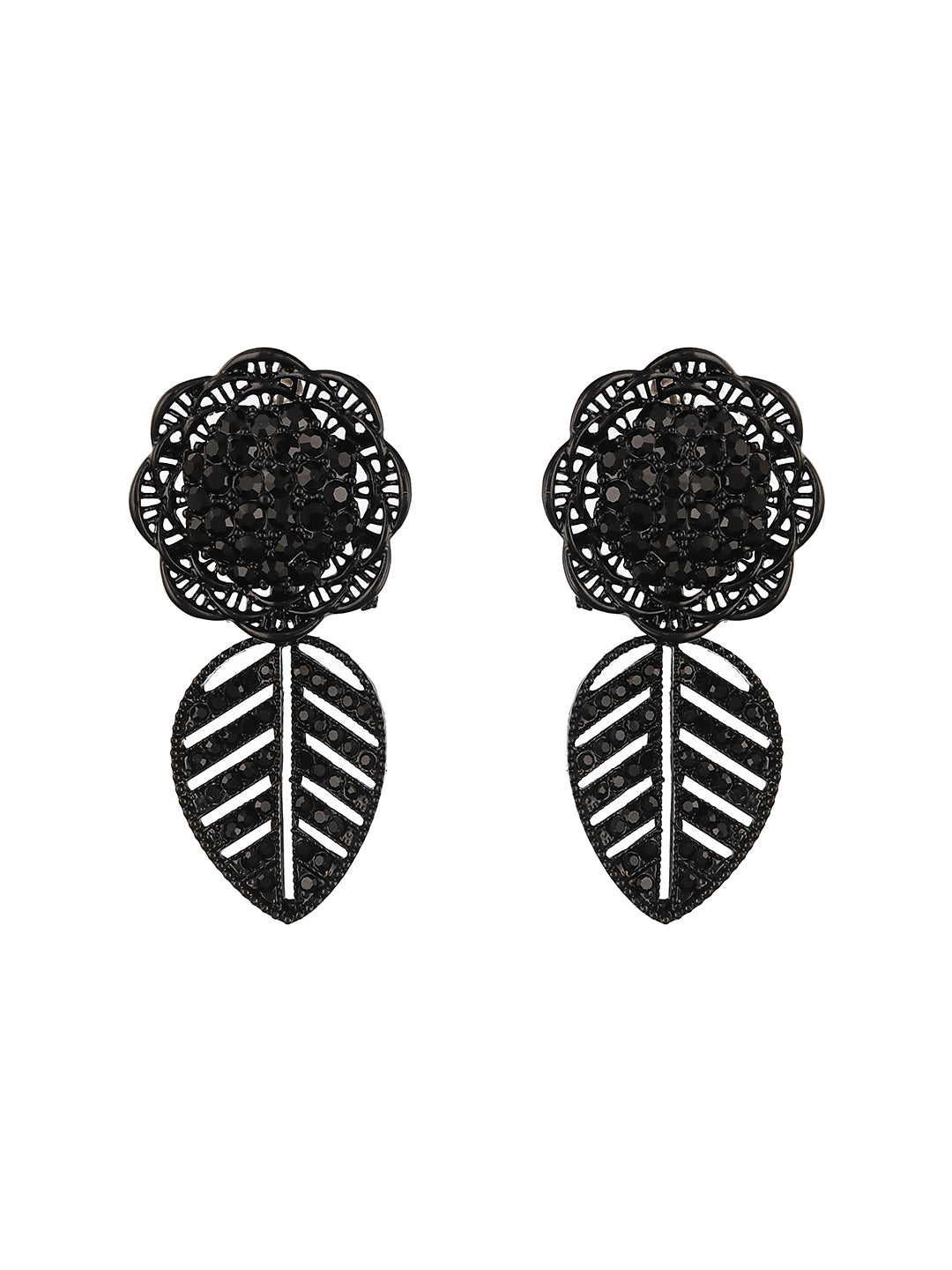 JAZZ AND SIZZLE Black-Toned Floral Shaped Drop Earrings - Jazzandsizzle