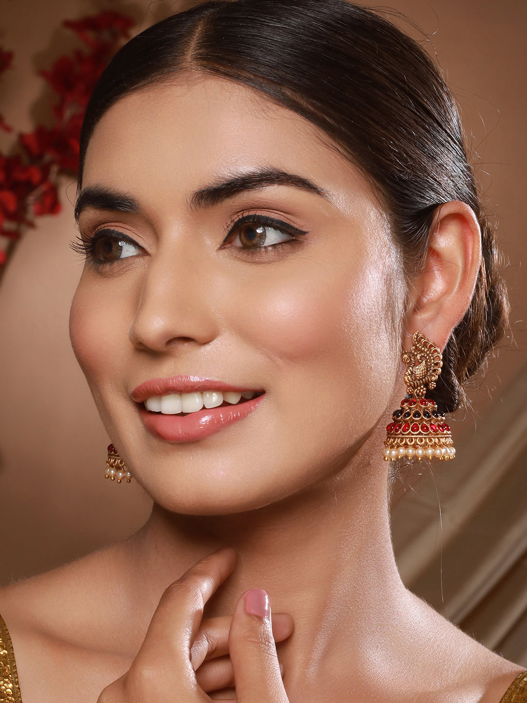 Jazz and Sizzle Matte Gold-Plated Peacock & Dome Shaped Stones Studded & Beaded Jhumkas