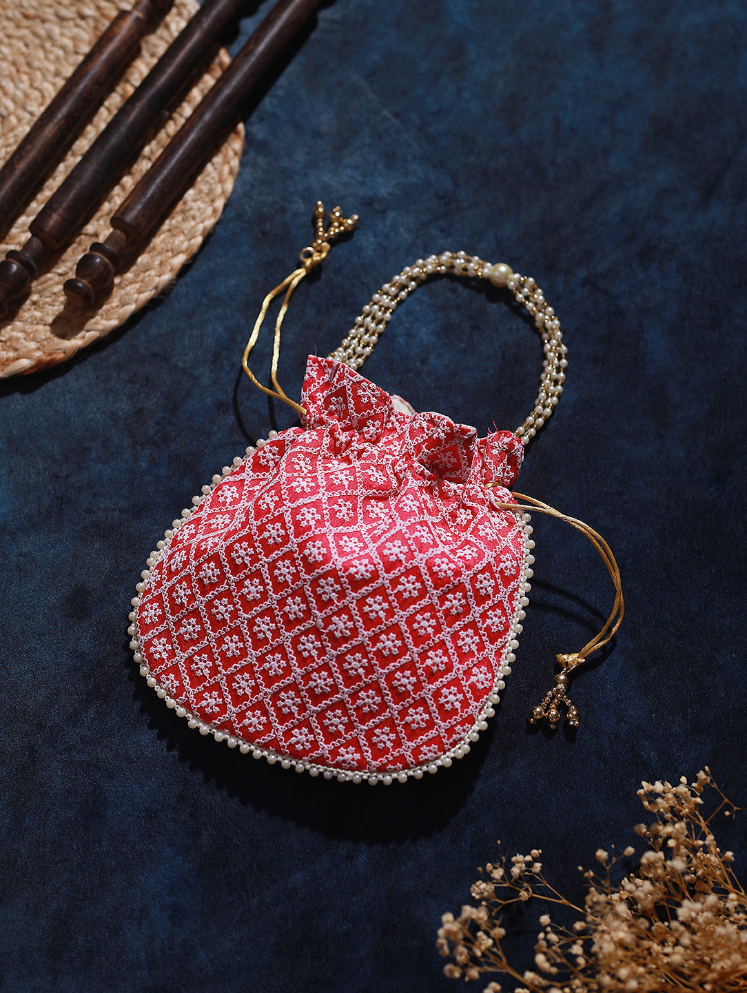 Pink & White Embroidered Potli Clutch - Jazzandsizzle