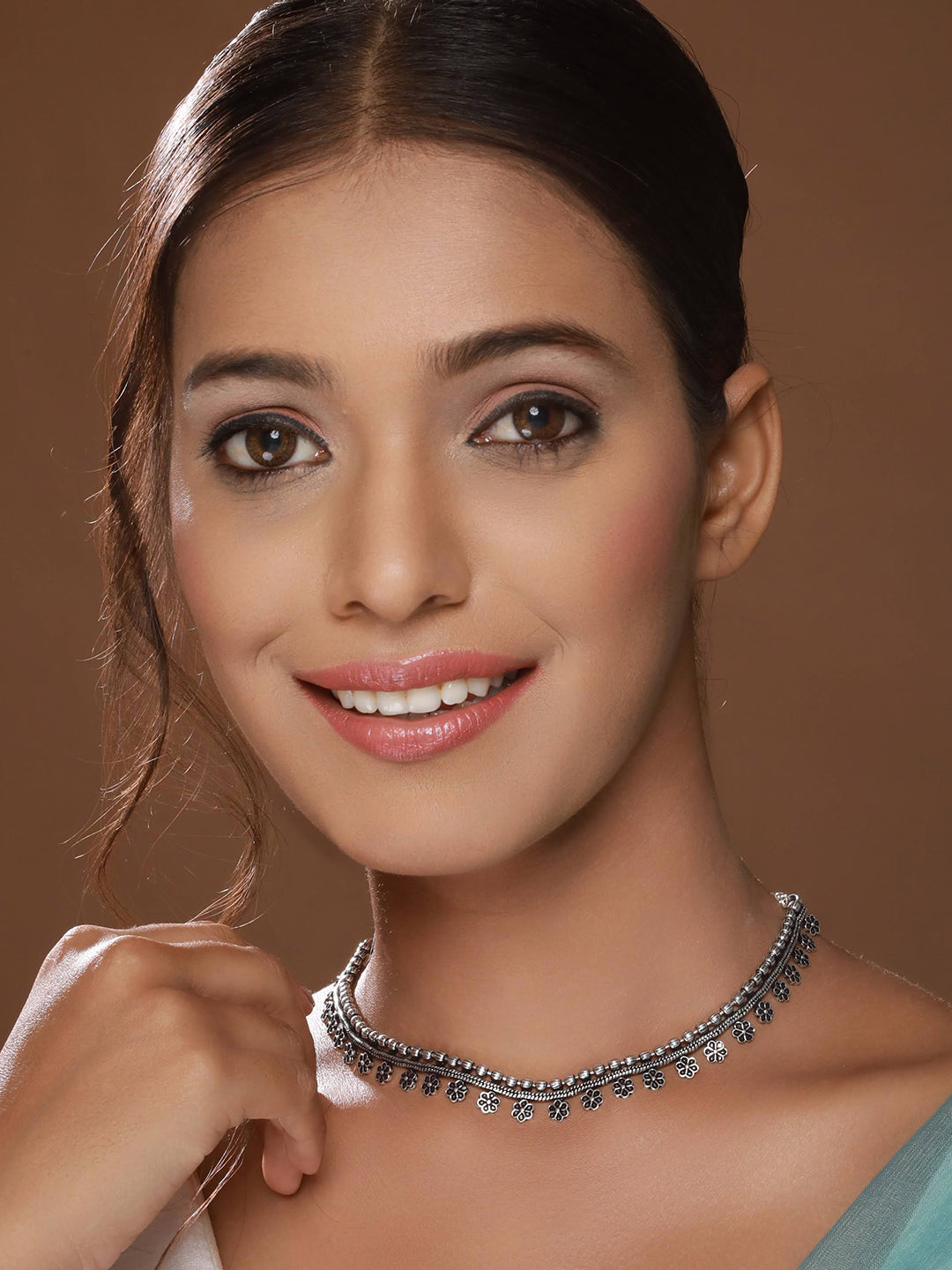 Silver Plated Floral Shaped Oxidised Necklace - Jazzandsizzle