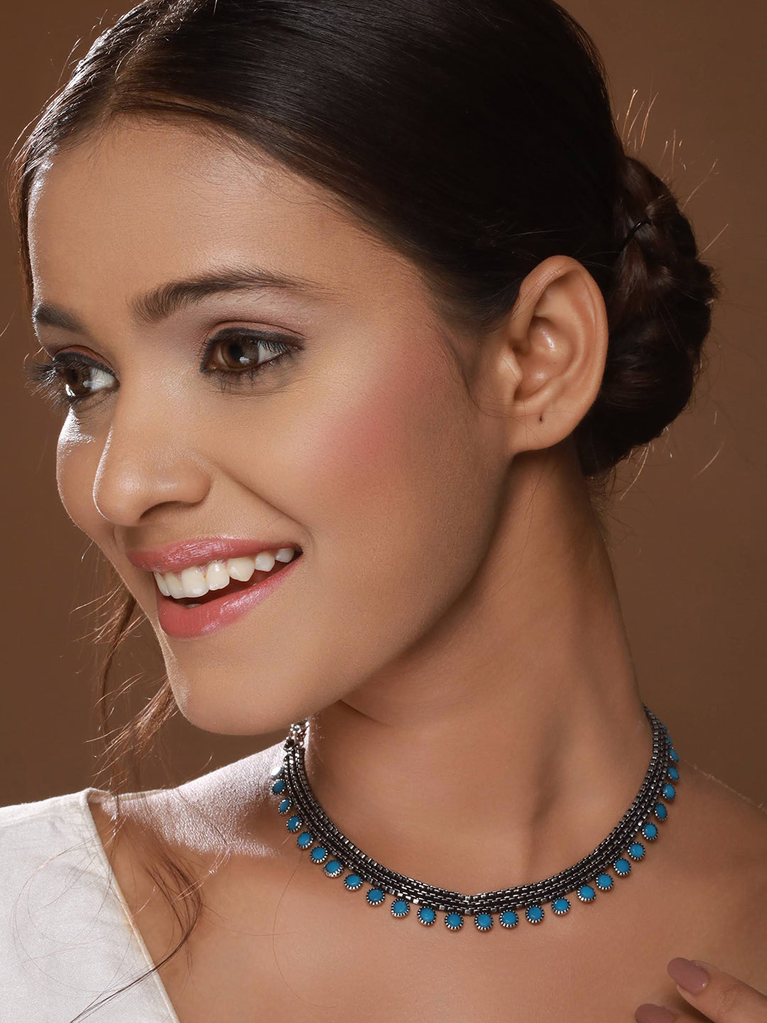Silver Plated Blue Stone Studded Oxidised Necklace - Jazzandsizzle