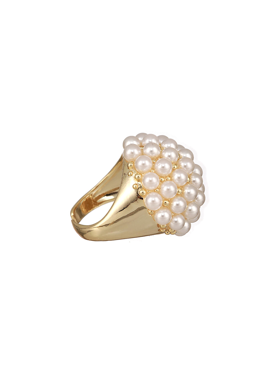 Gold-Plated Artificial Pearls Studded Flower Design Adjustable Finger Ring - Jazzandsizzle