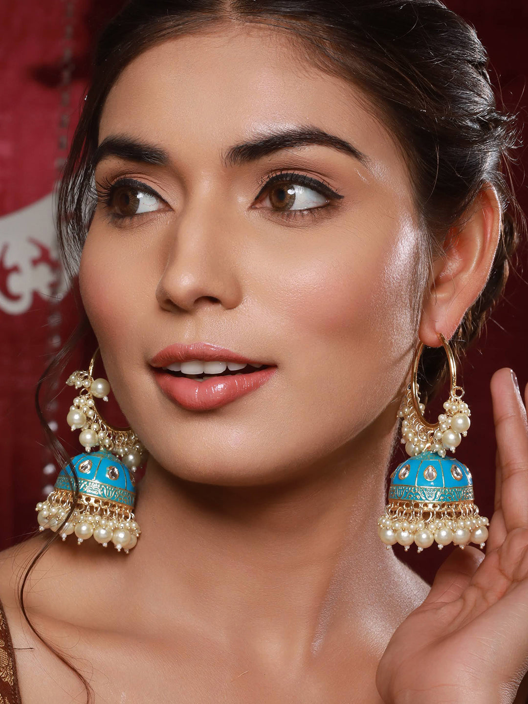 Gold Plated Kundan Studded Firoji Hoop Jhumka Earrings