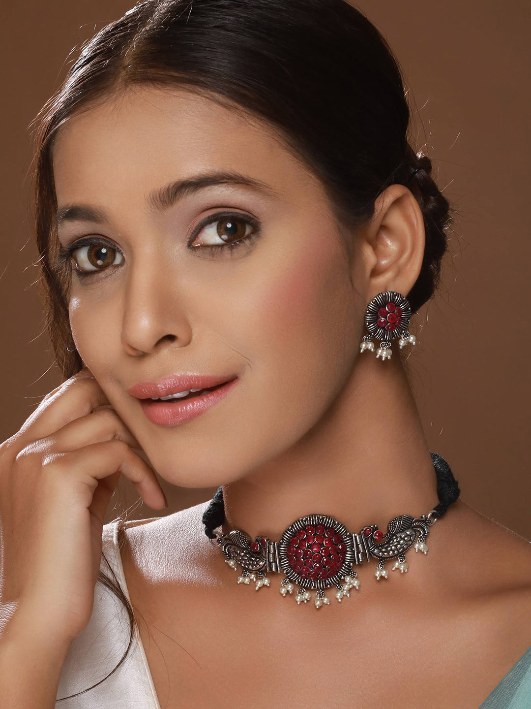 Silver Plated Red Stone Studded & Pearl Beaded Oxidised Peacock Shaped Jewellery Set - Jazzandsizzle