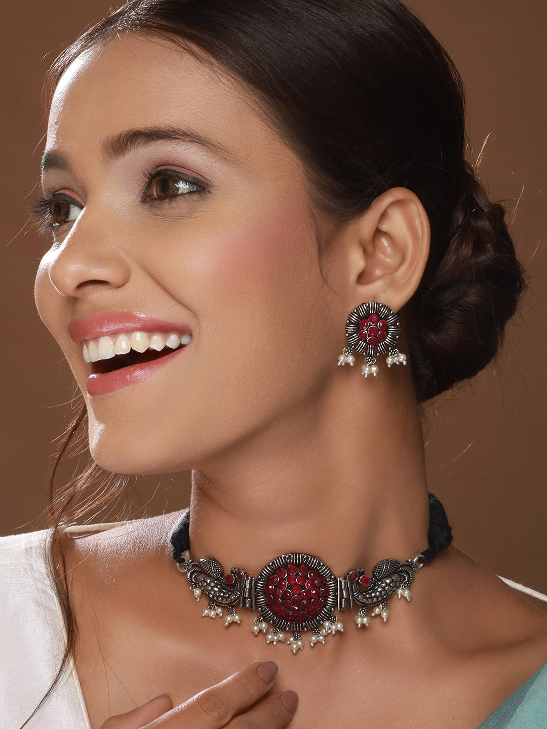 Silver Plated Red Stone Studded & Pearl Beaded Oxidised Peacock Shaped Jewellery Set - Jazzandsizzle