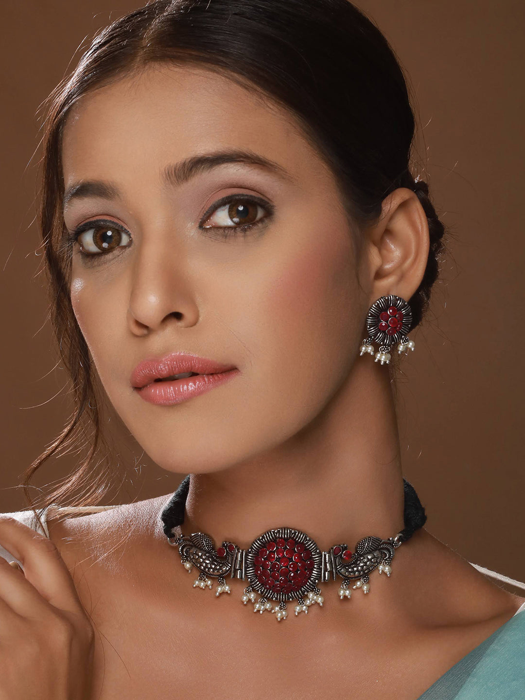 Silver Plated Red Stone Studded & Pearl Beaded Oxidised Peacock Shaped Jewellery Set - Jazzandsizzle