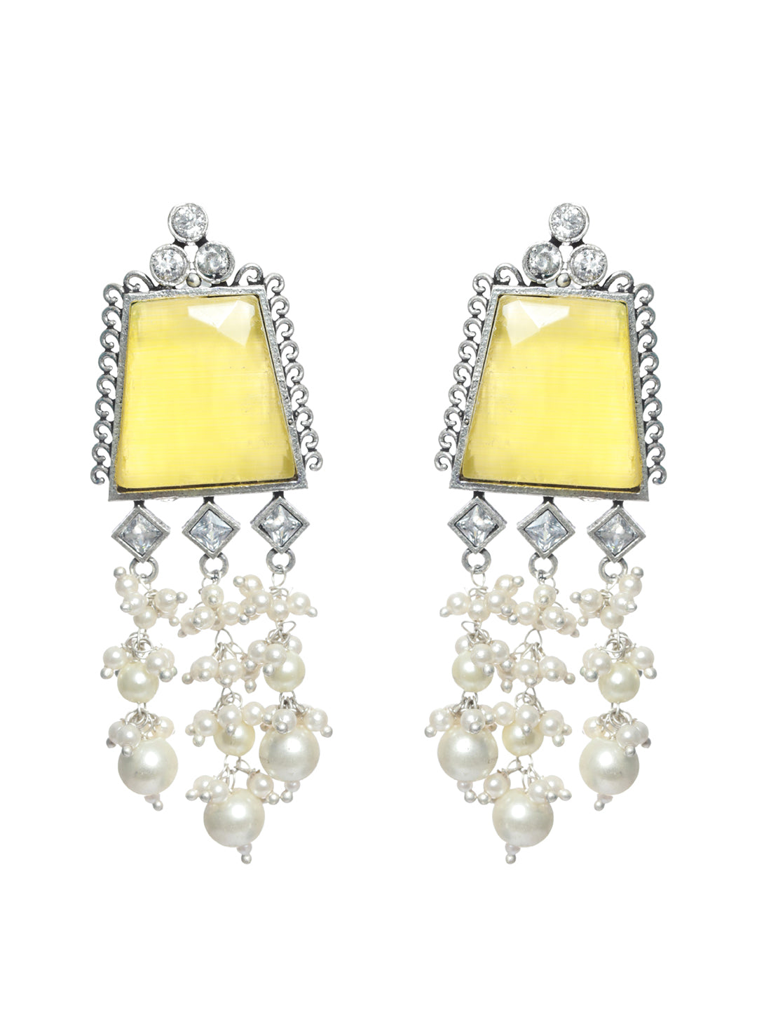 Silver Toned &Yellow Stone & Ad Studded Contemporary Drop Earrings