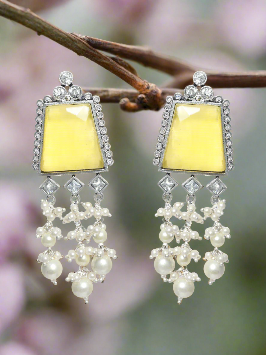 Silver Toned &Yellow Stone & Ad Studded Contemporary Drop Earrings