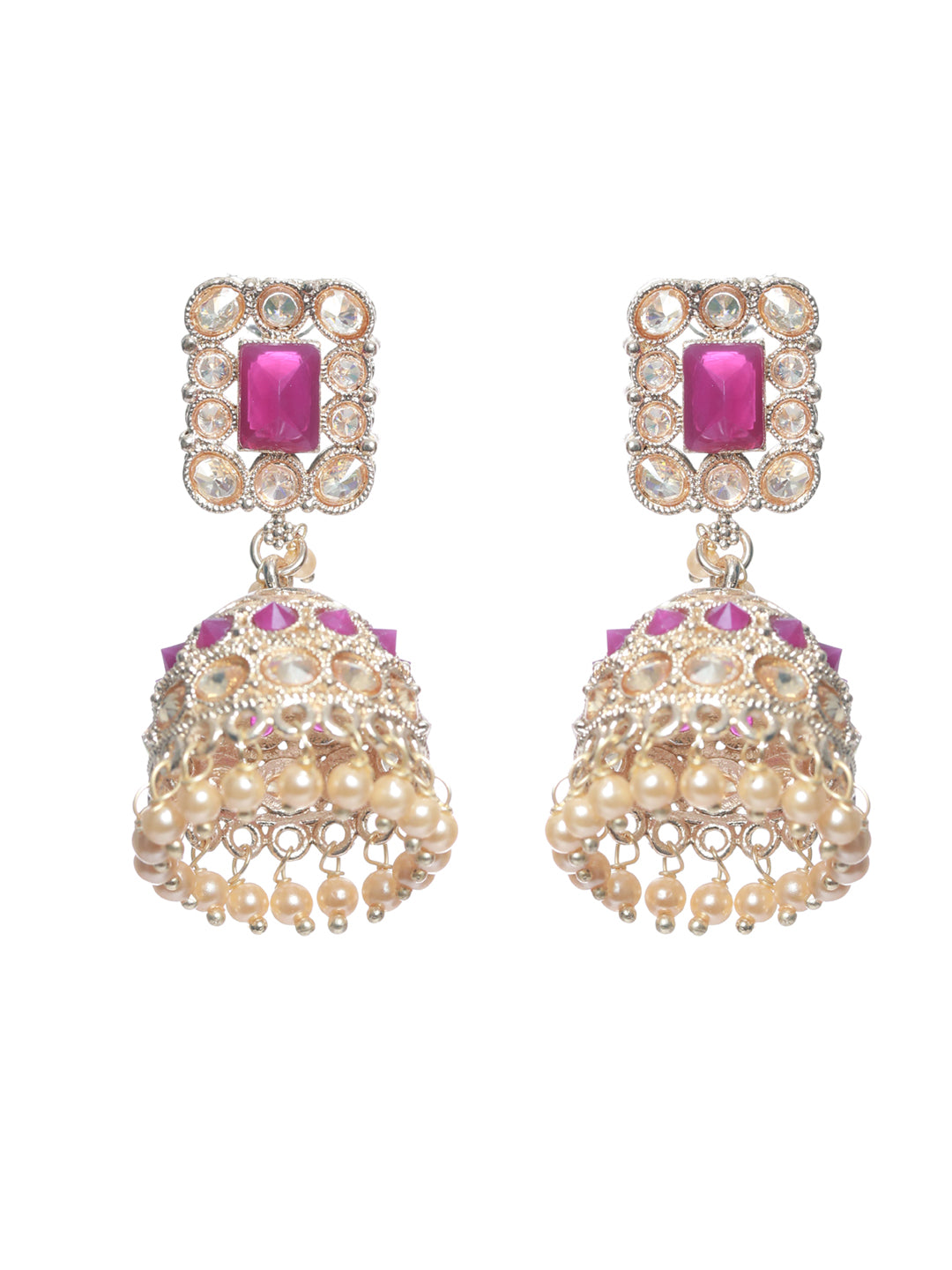 Pink Coloured Gold-Plated AD-Studded Handcrafted Square Shaped Jhumka earrings - Jazzandsizzle