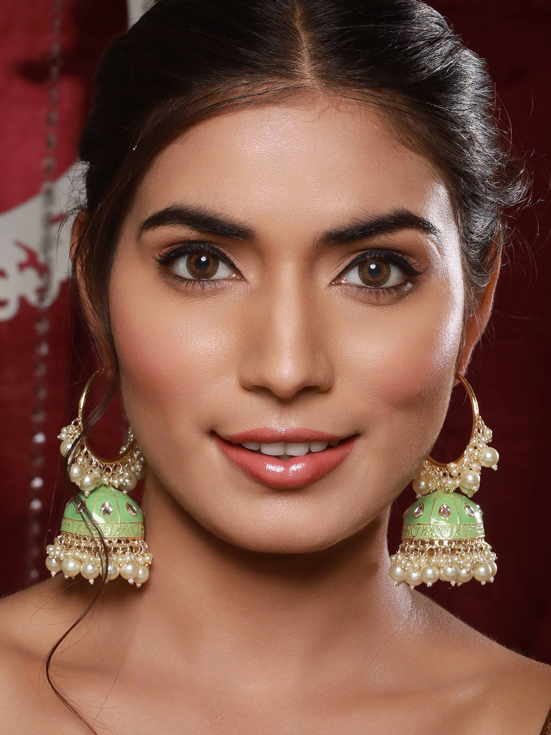 Gold Plated Kundan Studded Green Hoop Jhumka Earrings