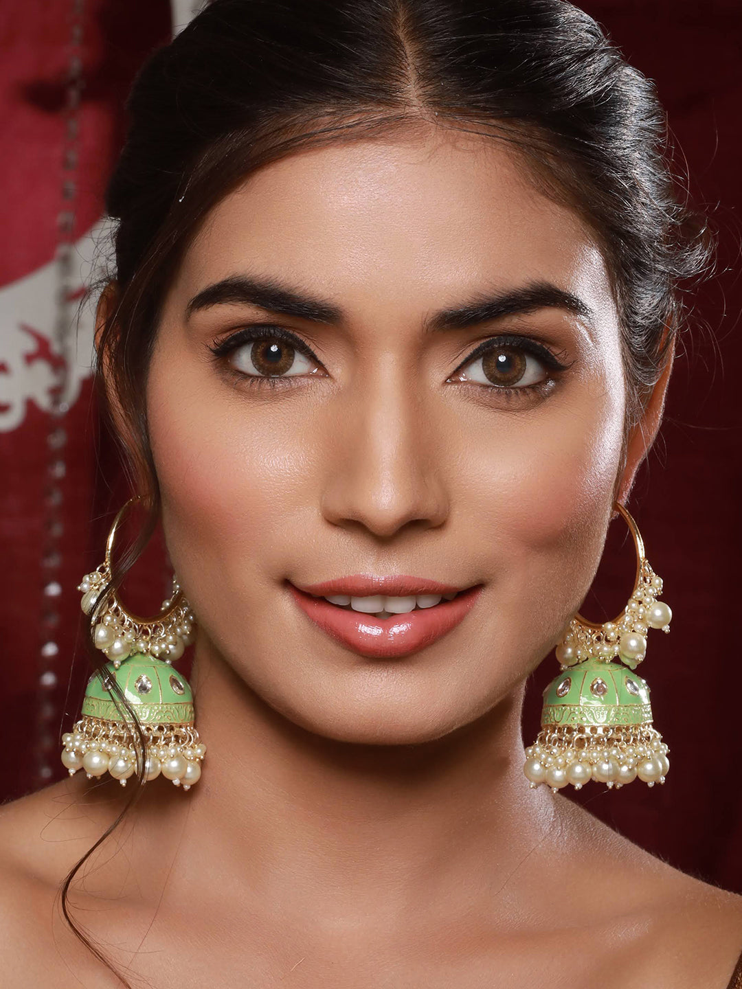 Gold Plated Kundan Studded Green Hoop Jhumka Earrings