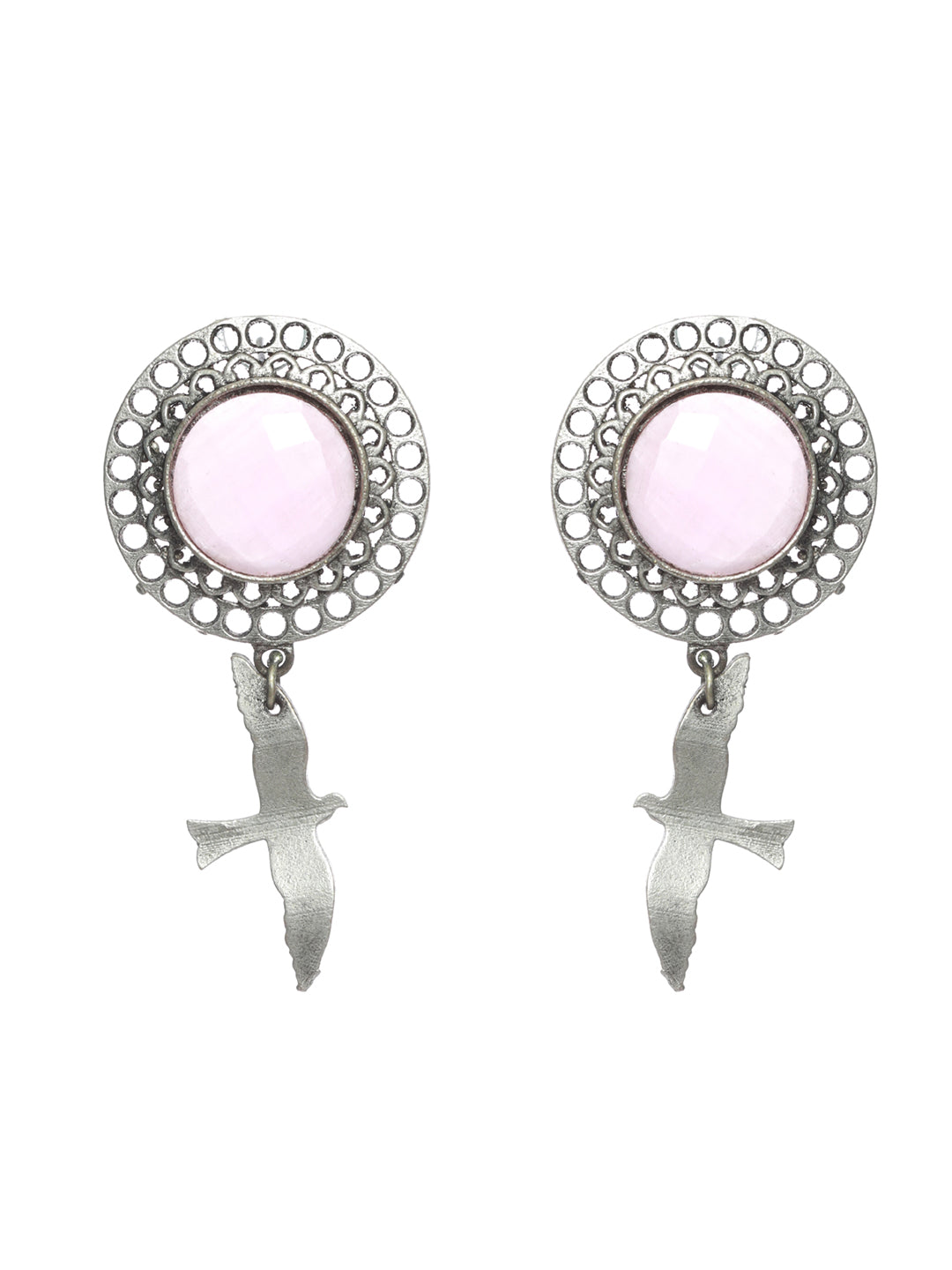 Jazz And Sizzle Pink Stone Studded Silver Toned Drop Earrings - Jazzandsizzle