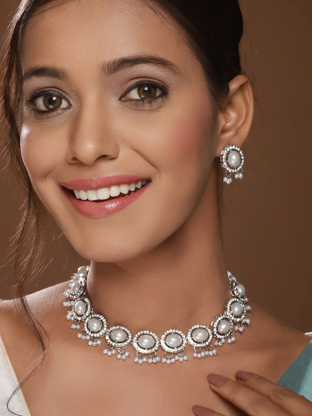 Silver-Plated CZ Stone-Studded & Pearl Beaded Jewellery Set - Jazzandsizzle