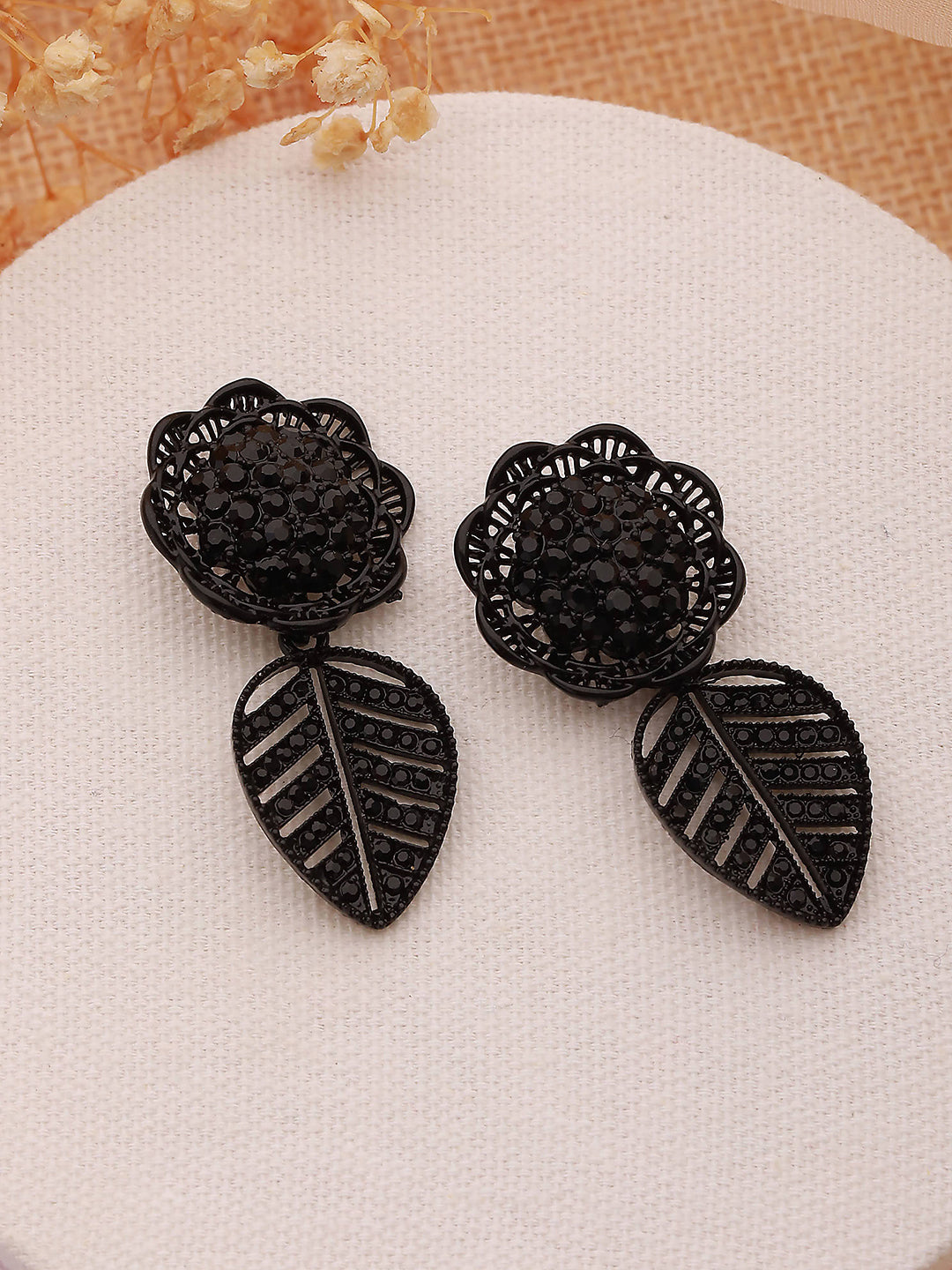 JAZZ AND SIZZLE Black-Toned Floral Shaped Drop Earrings - Jazzandsizzle