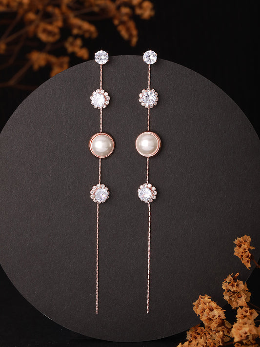 JAZZ AND SIZZLE Silver-Toned Rose gold-Plated CZ Stone-Studded & Pearl Contemporary Drop Earrings - Jazzandsizzle