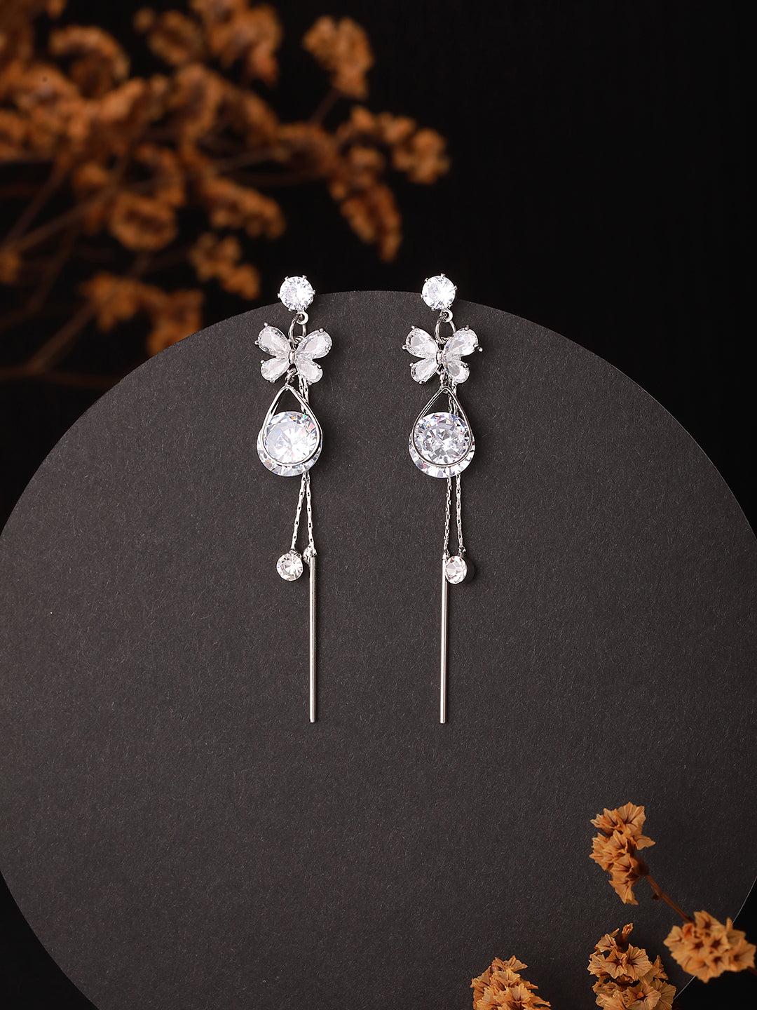 JAZZ AND SIZZLE Silver-Toned Rhodium-Plated CZ Stone-Studded Contemporary Drop Earrings - Jazzandsizzle