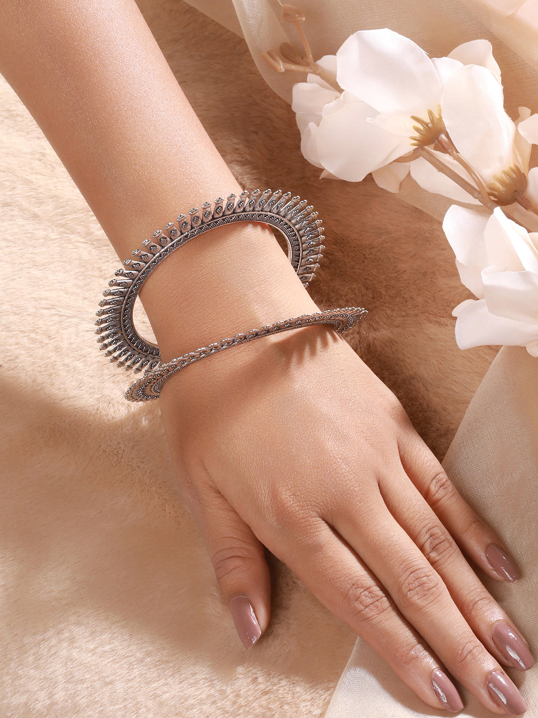 Set Of 2 Silver Toned & Silver Plated Handcrafted Oxidised Bangles