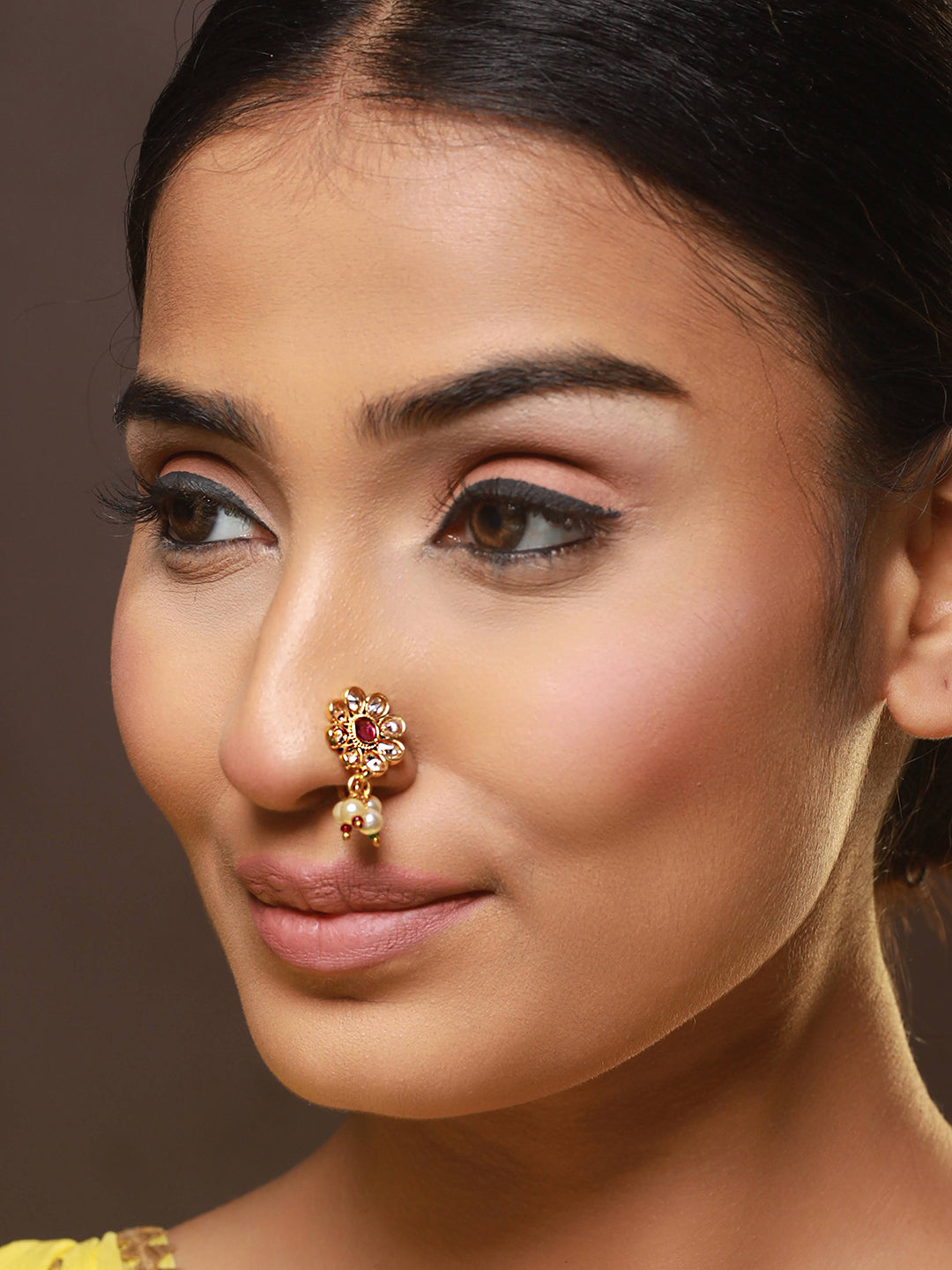 Set Of 2 Gold-Plated Red & Green Kundan Studded Flower Nose Pin - Jazzandsizzle