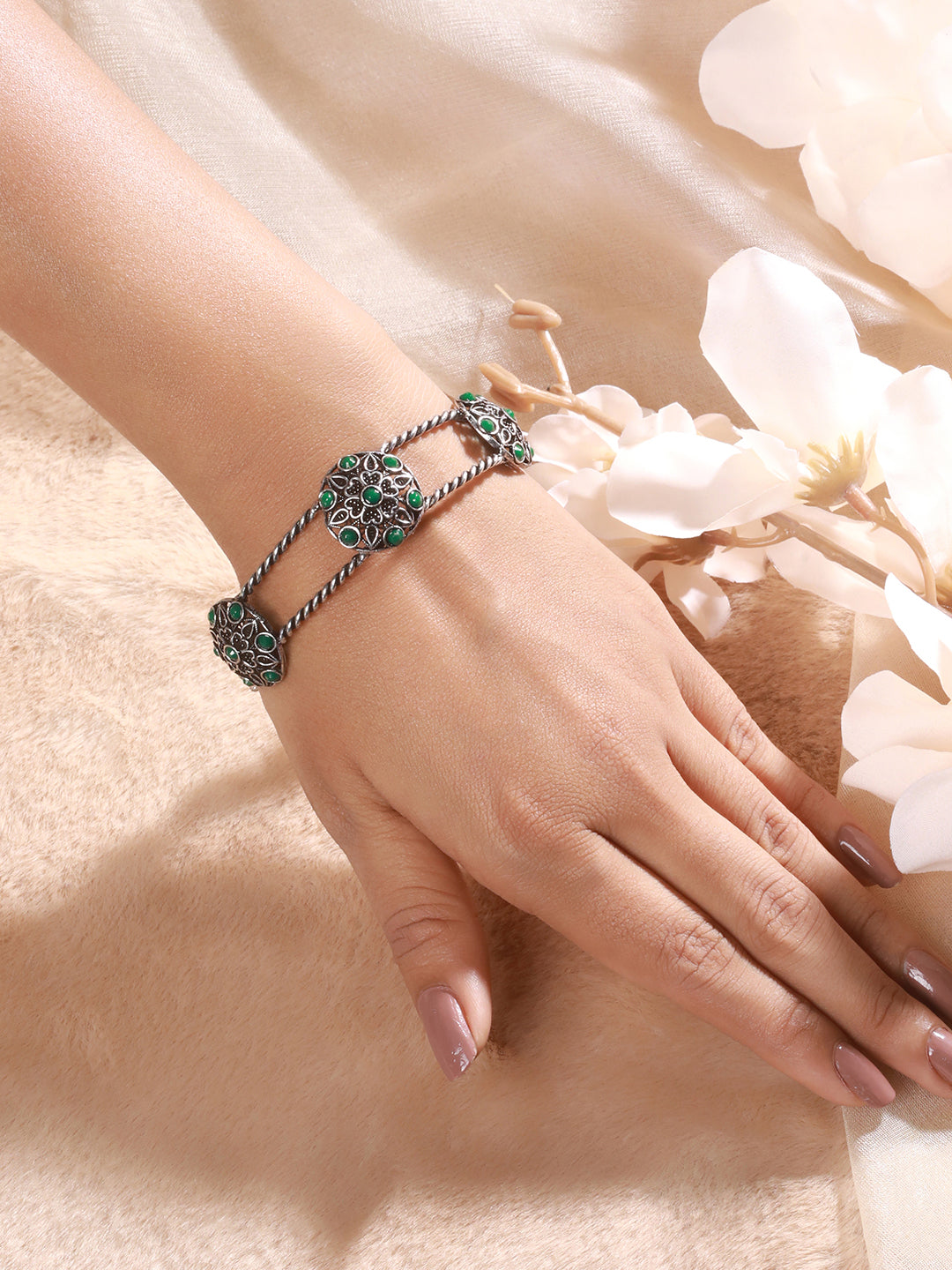 Silver Plated Green Stone Studded Oxidised Handcrafted Cuff Style Bracelet - Jazzandsizzle