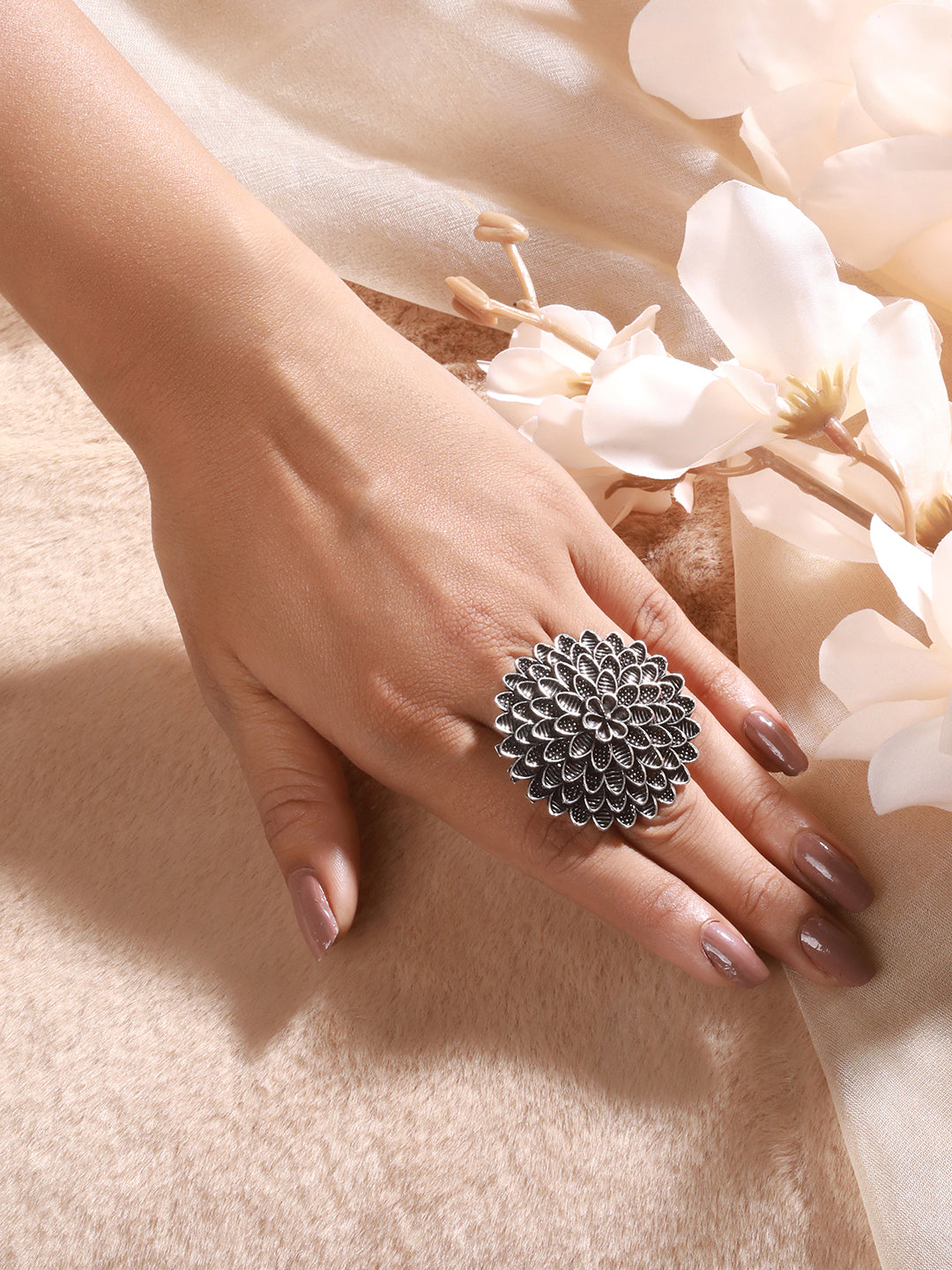 Silver-Plated Peacock Shaped Oxidized Necklace With Textured Ring - Jazzandsizzle